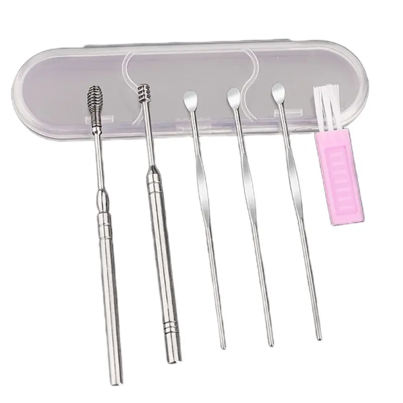 Q1QD 6Pcs/Set Stainless Steel Ear Wax Removal Tools Hygiene Care Spiral Spring Curette Earpick Cleaning Spoons with Brush