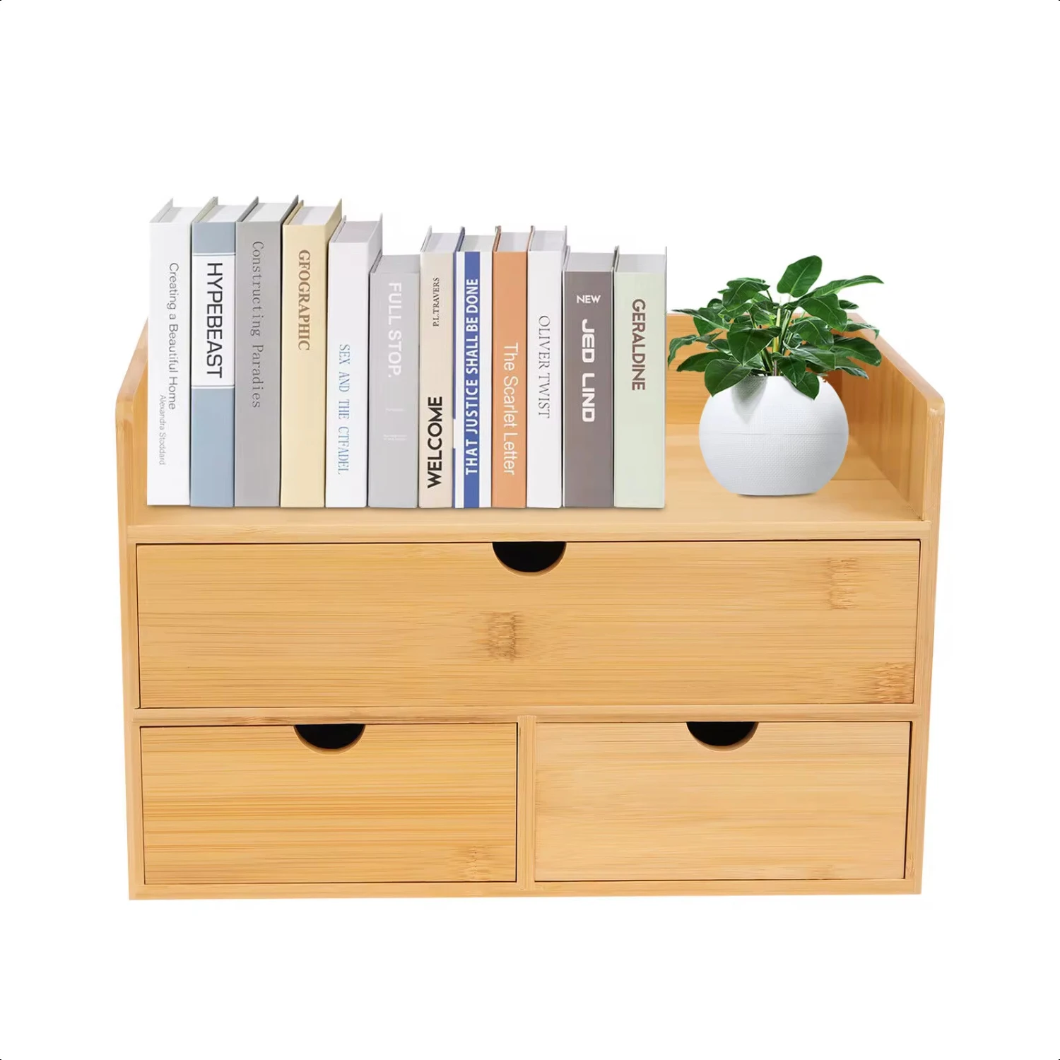 Bamboo Desk Organizer with 3 Drawers Tabletop Cosmetic  Simple Design