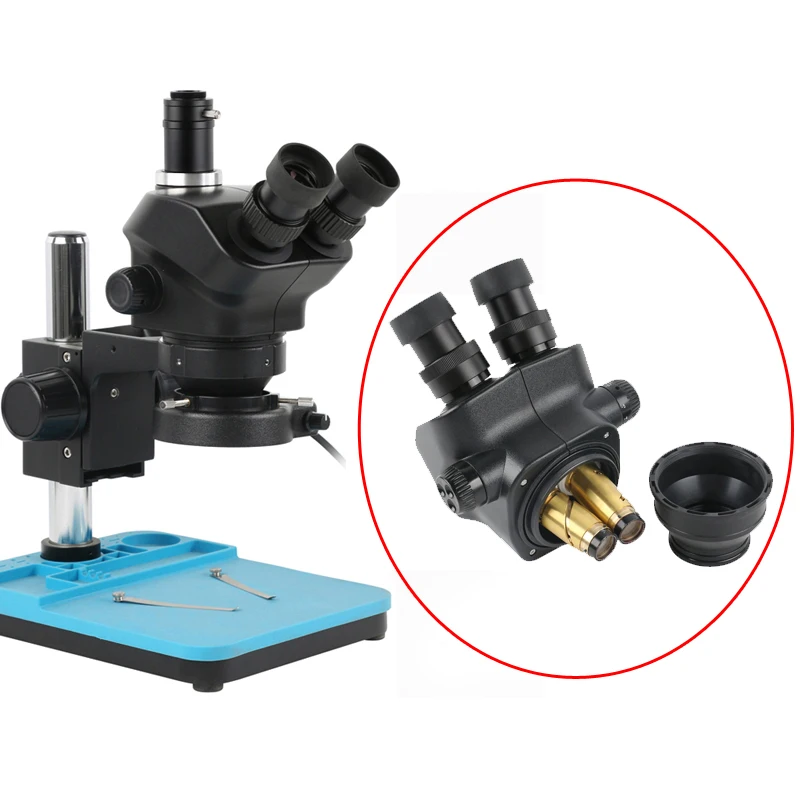 Microscope Stéréo Trinoculaire Industriel de Laboratoire pour Bijoux et Téléphonie, avec Zoom Simultané 7X-50X et Objectif Auxiliaire