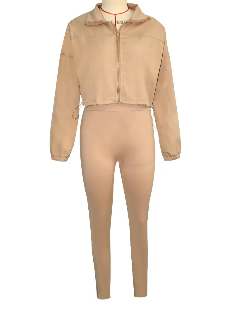 Setelan 2 Potong Wanita Kasual Sporty, Atasan Crop Berkerah Lipat Lengan Panjang dengan Ritsleting + Celana Skinny Pinggang Tinggi