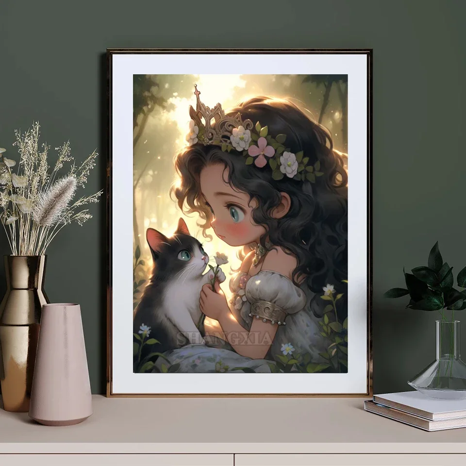 5D DIY الماس اللوحة الجديدة 2025 لطيف فتاة كبيرة العينين والقط الحفر المستديرة الكاملة التطريز عبر غرزة حجر الراين صورة هدية B5