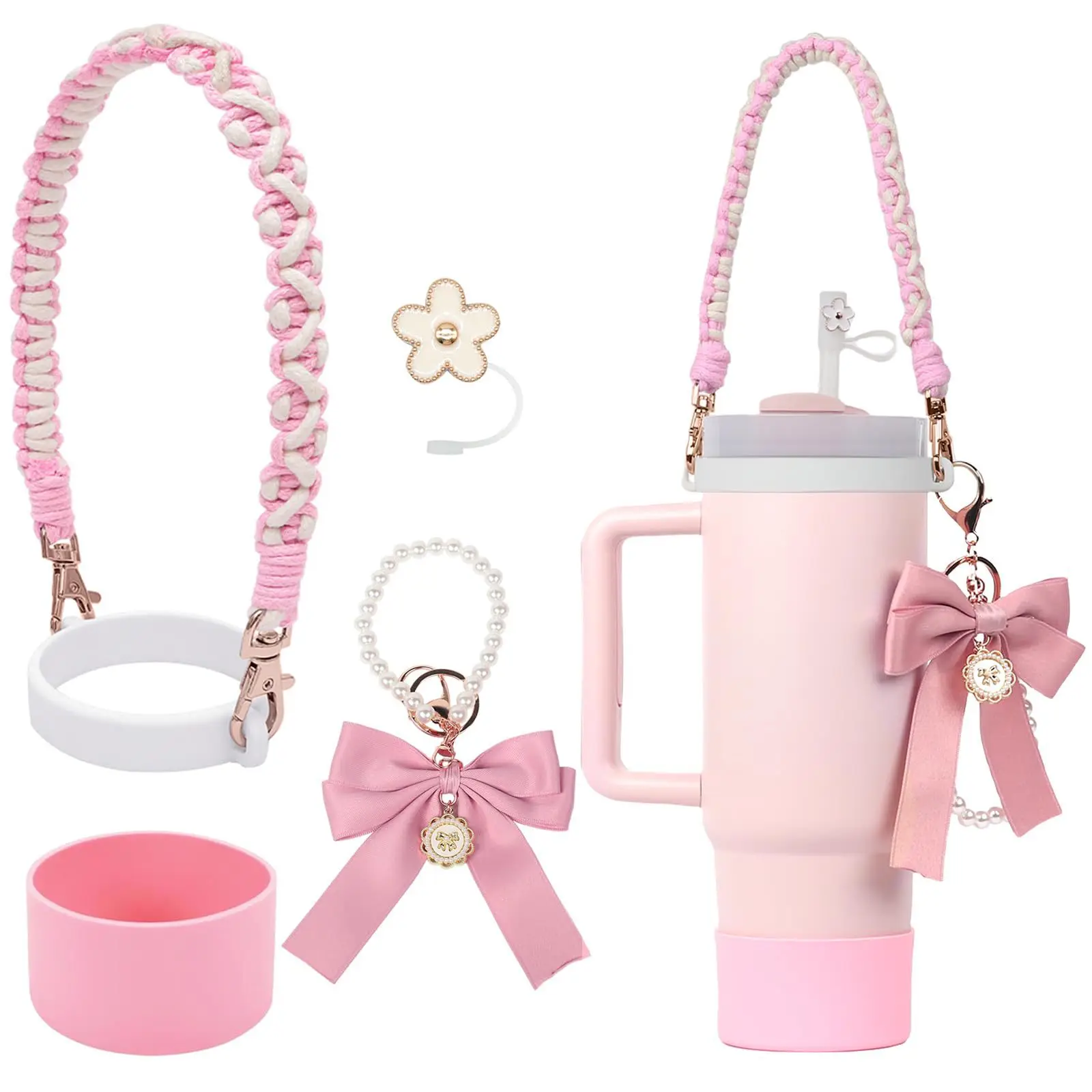 4Pcs for Stanley Cup Accessory Set Includes 1 Water Bottle Handle Strap 1 Cup Cover 1 Straw Cover 1 Charms Silicone Decoration