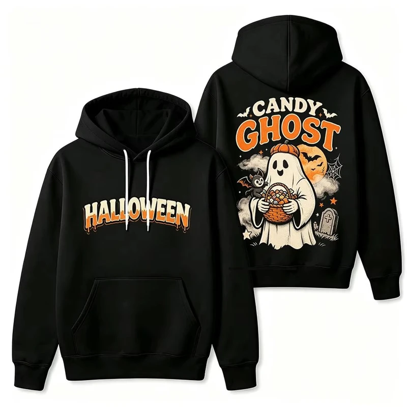 Halloween Cute Ghost Hoodie Funny Cartoon Candy Magic Ghost Print Pullover Casual Streetwear Costume Party Autumn Holiday Gift
