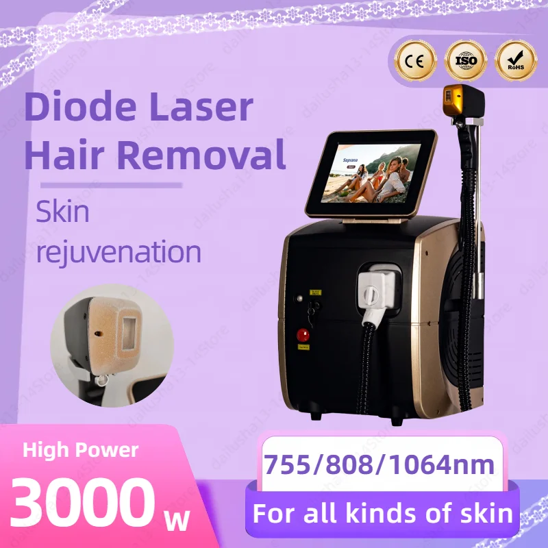 

Newest 3000W 808nm Diode Laser Hair Removal Machine Ice Titanium 3-wavelength Cooling Painless Professional Epilator