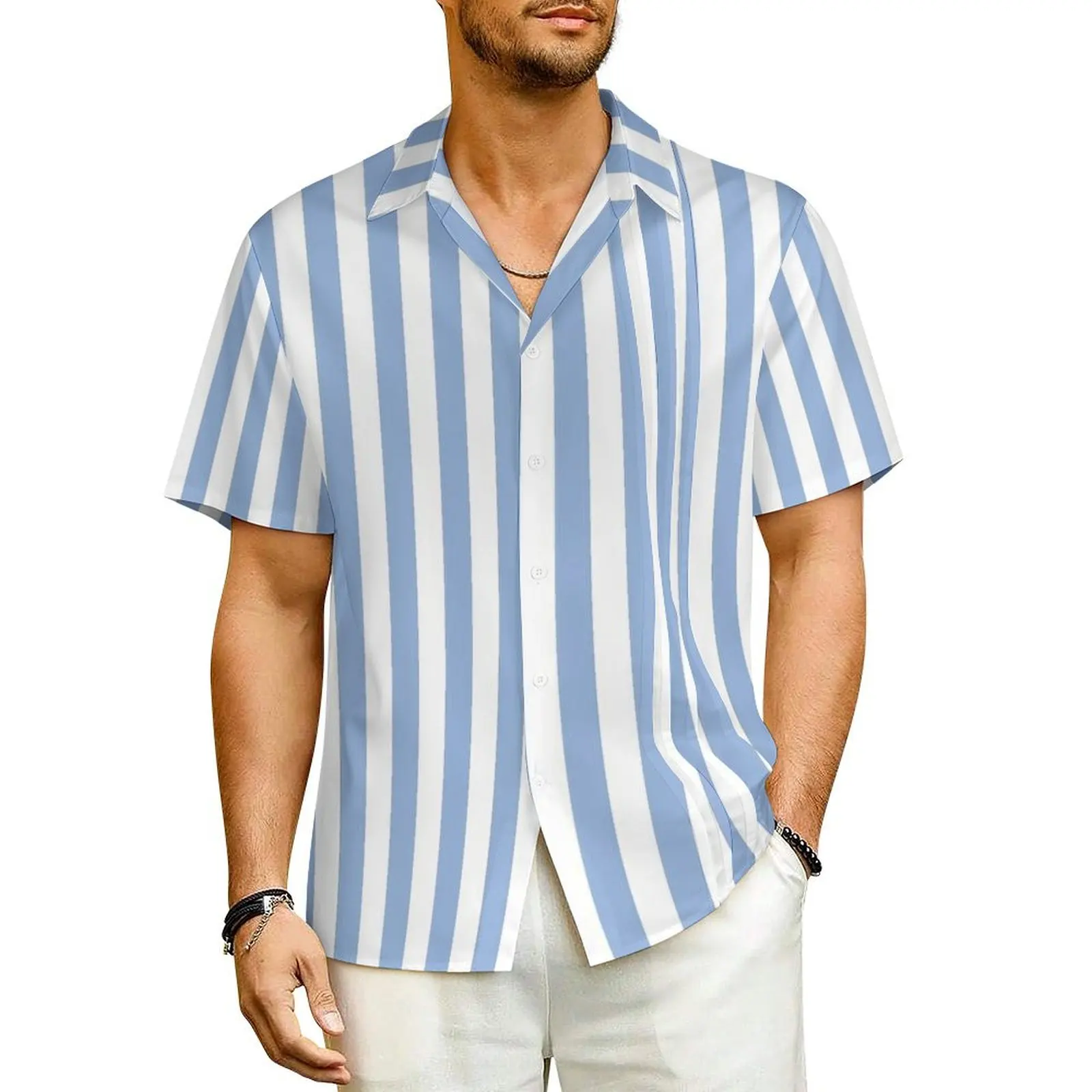 Light Blue Striped Casual Shirt  Novelty Hawaiian Shirts Men Short Sleeve Beach Stylish Printed Oversized Blouses