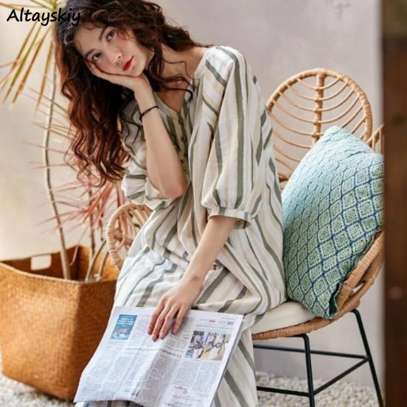 

Nightgowns Women Cozy Elegant Striped Mid-calf Short Sleeve V-neck Baggy Lounge Female Leisure Comfort Button Daily Stylish New