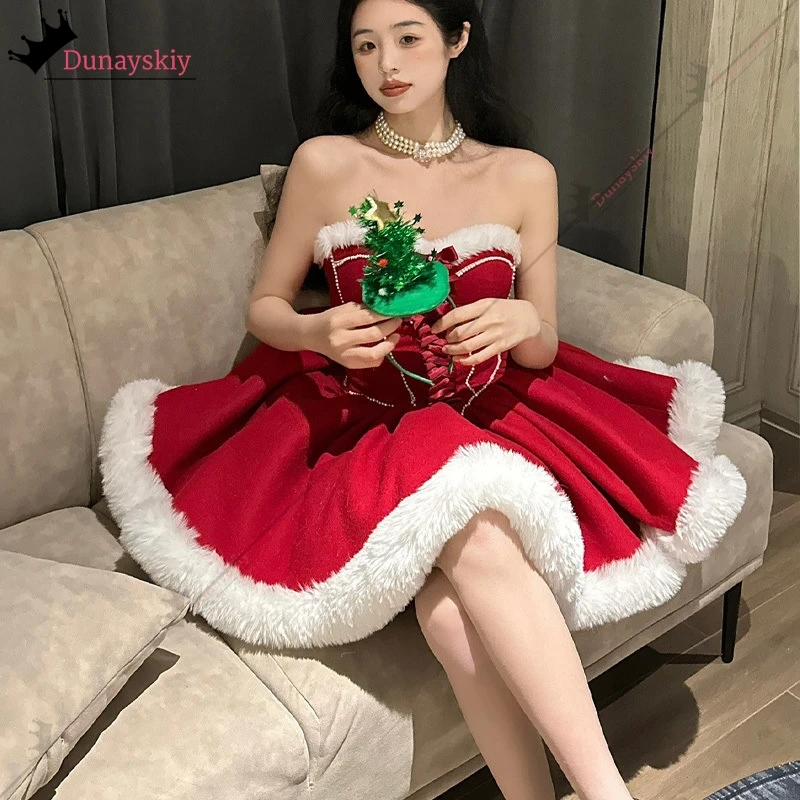 2025 Strapless Dress Cosplay Santa Claus KAWAII Winter Christmas Red Princess Puffy Skirt Xmas Women Holiday Party Dressing