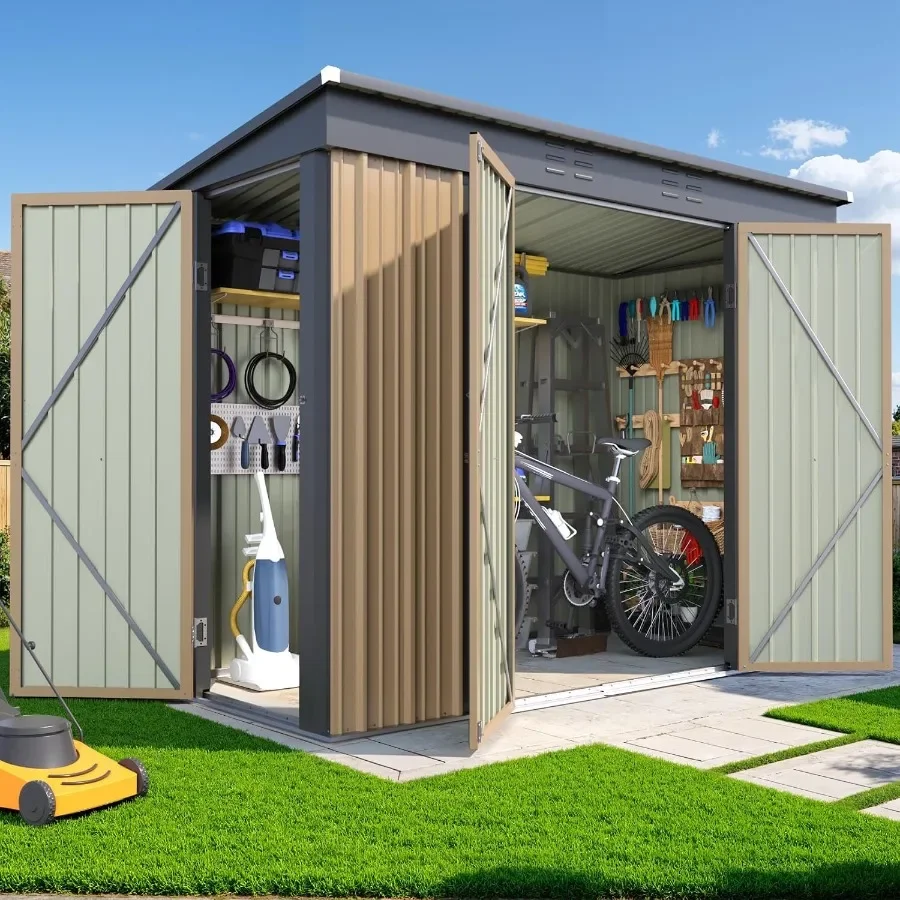 Outdoor Storage Shed for Backyard, Patio, Lawn Use; Heavy-duty Metal Construction; Brown Color; 8x4 FT Size with 3 Lockable Doo