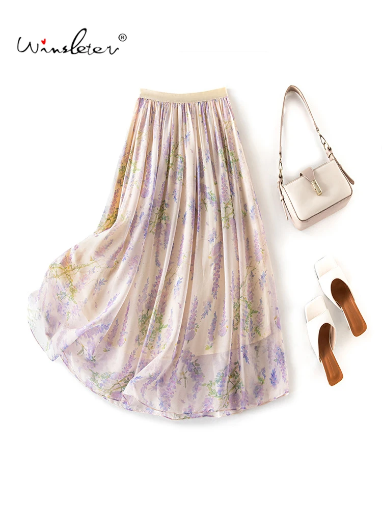 

Winsleter-100%Silk Elegant Skirts, Elastic Waist Floral Printed, Women Temperament Versatile A-line Skirt, 2026 Summer B65314CC