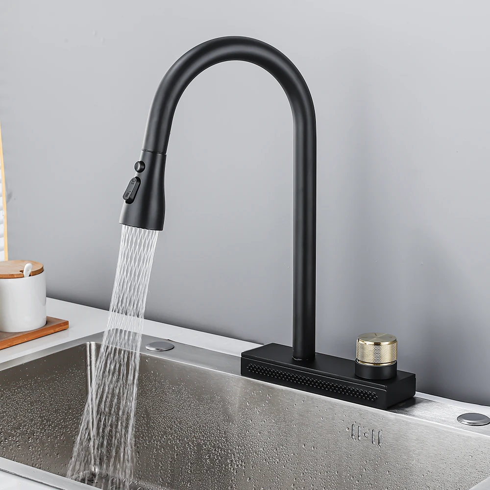 Waterfall Black Kitchen Faucet Can Pull 4 Ways Water Outlet Methods Cold and Hot Brass Single Hole Sink Tap