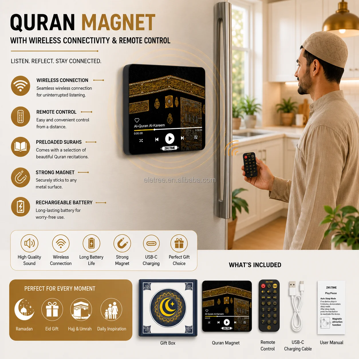 Muslim Hot Sale Rechargeable 114 Surah Complete Quran Speaker BT Custom Design Blank Sublimation Fridge Ornament Souvenir Gift