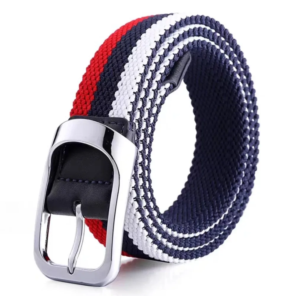 Striped Woven Canvas Pin Buckle Belt Multicolor Parallel Stripe Layout Elastic Breathable Webbing Matte Metal Buckle Frame