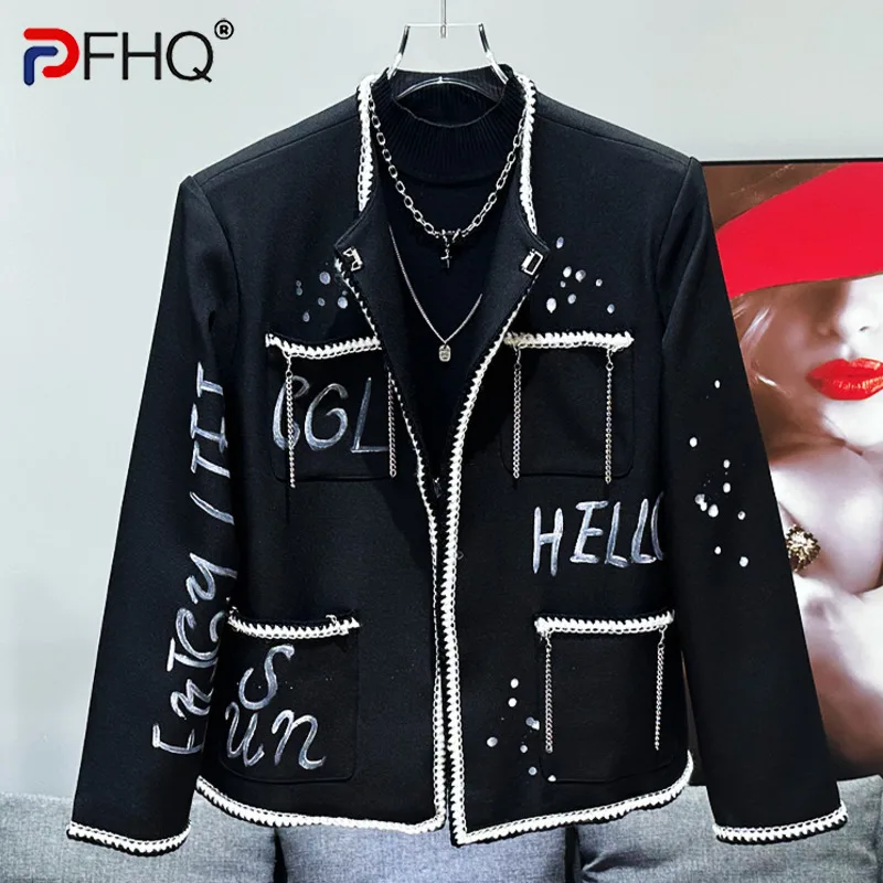 PFHQ Fashion Trend Graffiti Design Metal Chain Decoration Trendy Jacket New Fashion 2024 Contrast Color Male Tops 21Z6908