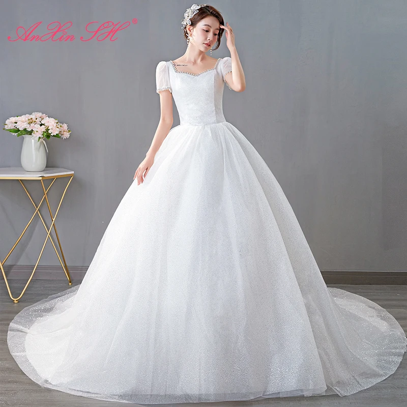 AnXin SH princess white lace sparkly wedding dress vintage sweetheart beading pearls short sleeve ball gown bride wedding dress