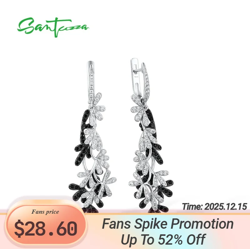 

SANTUZZA 100% 925 Sterling Silver Drop Earrings For Woman Black Spinel White Cubic Zirconia Winter Flowers Trendy Fine Jewelry