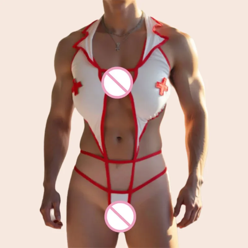 

Men's sexy lingerie Nurse cosplay bundle uniform Laced Openwork expose chest Allure Jumpsuit Flirtation Erotic costume adult