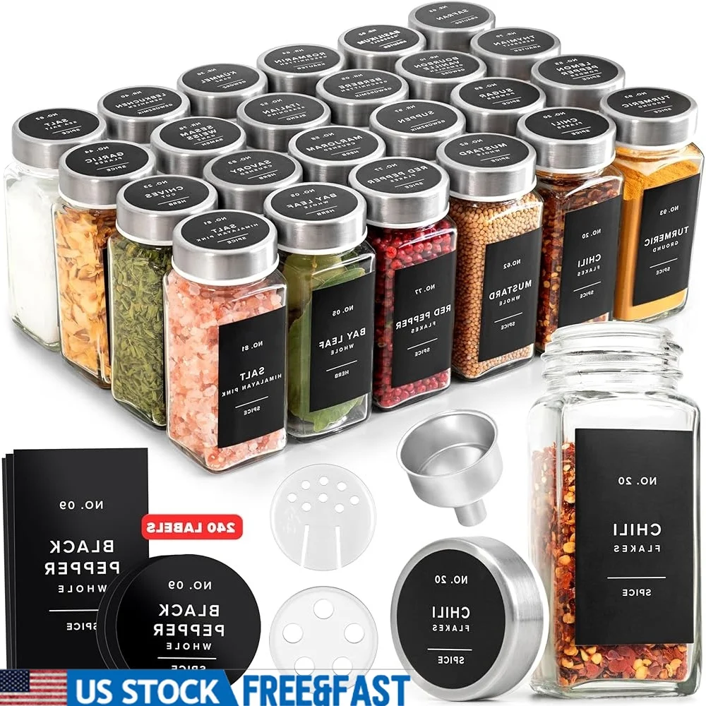 

Glass Spice Jars with Stainless Steel Lids 24 Pack Spice Containers Labels Funnel Airtight Shakers Kitchen Storage Organization