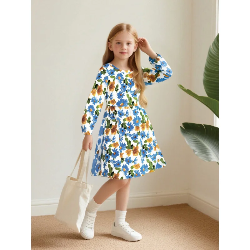 فستان بناتي بأكمام طويلة مزين بالزهور الطازجة لعام 2025 فستان الأميرة المطبوع الحلو