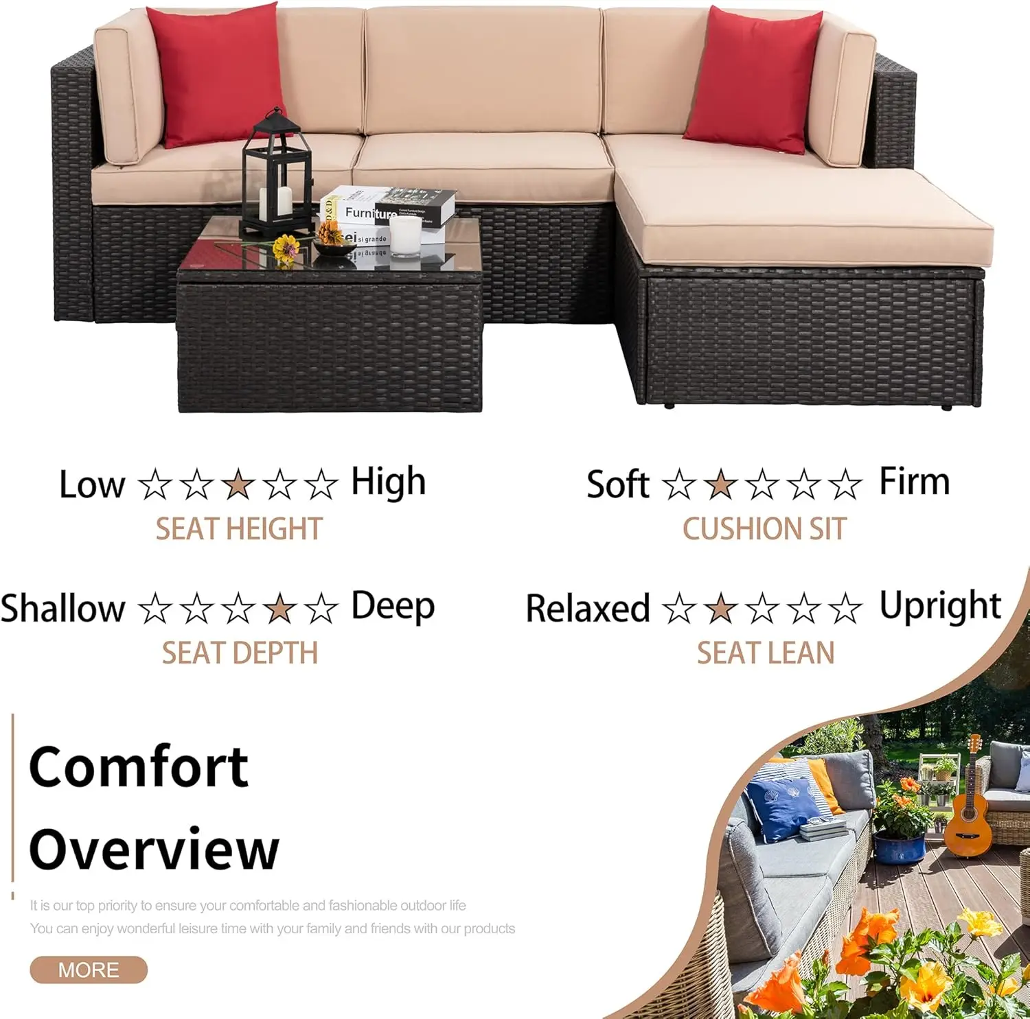 5Pieces Patio Furniture Sets Outdoor All-Weather Sectional Patio Sofa Set PE Rattan Manual Weaving Wicker Patio Conversation Set