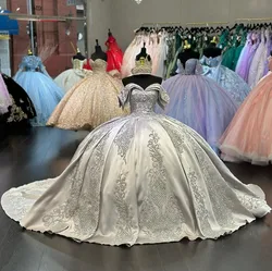 Vestidos de Quinceañera de princesa brillantes plateados, hombros descubiertos, apliques dorados, corsé de cristal, Gala jurken dames Sweet 15 Prom