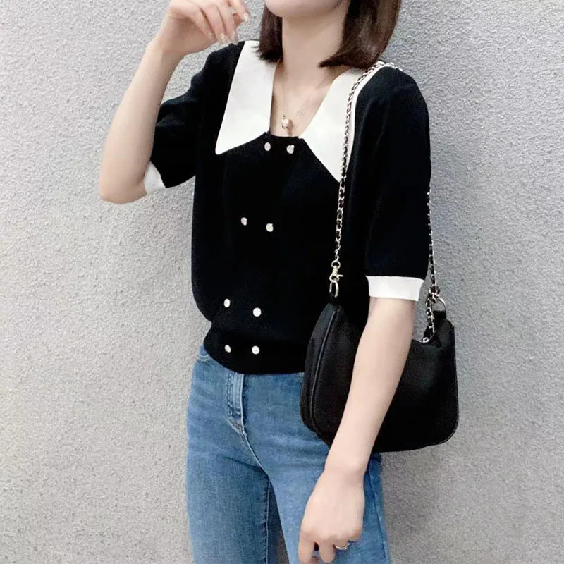 Women Korean Loose Double Breasted Pullovers Shirt 2023 Summer New Elegant Fashion Short Sleeve Polo Neck Casual Blouses Female