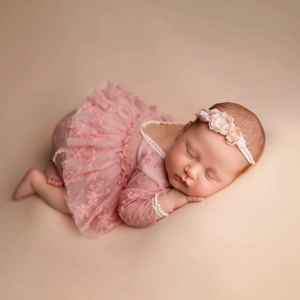 

Baby Girl Tutu Dress Pink Lace Floral Embroidered Long Sleeve Romper Newborn Photography Outfit Photo Shoot