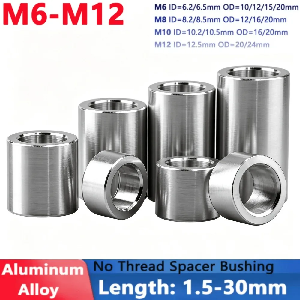 2-10Pcs M6 M8 M10 M12 Aluminum Alloy Round Hollow Bushing, No Thread Spacer Sleeve Flat Washer, Length 1.5-30mm