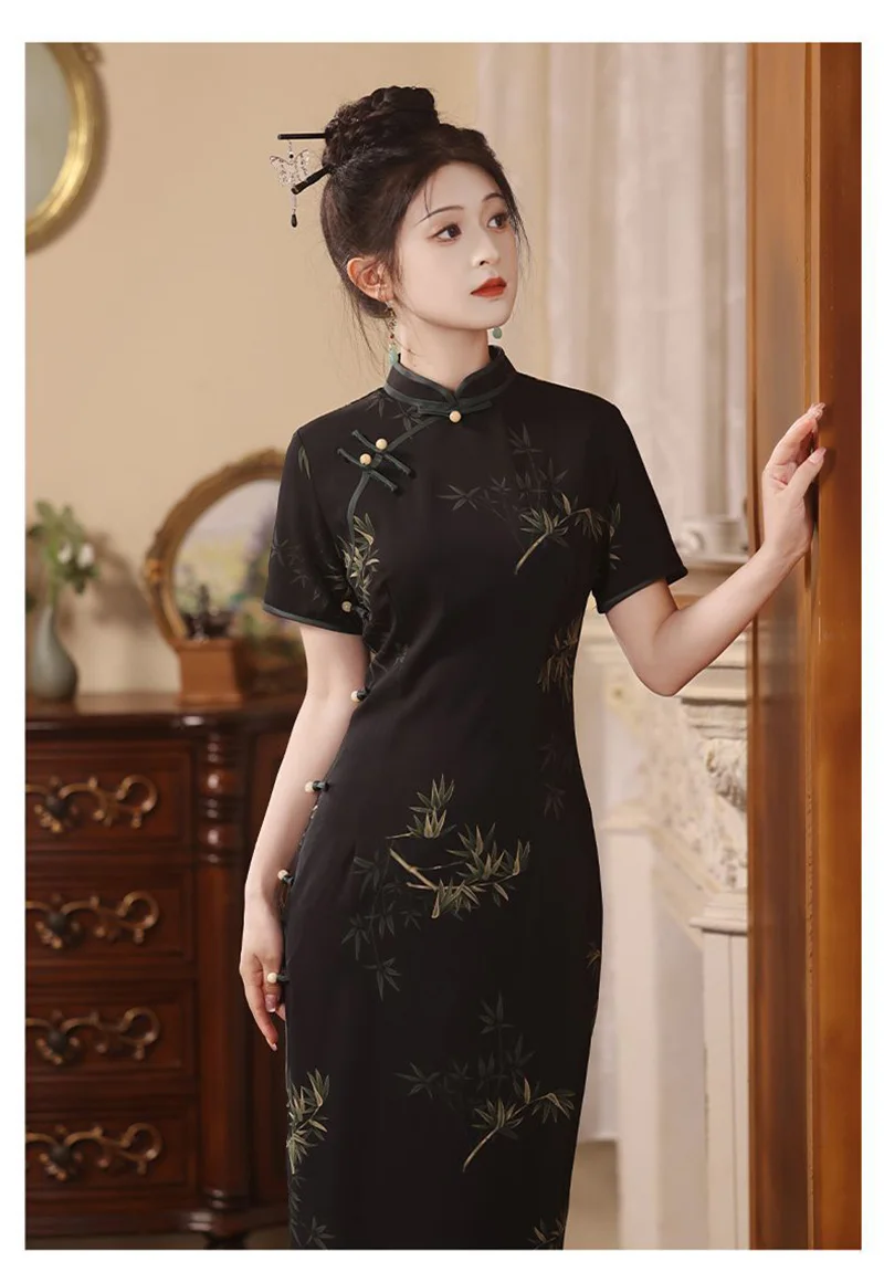 New Chinese Style Qipao Women Black Summer Bamboo Cheongsam Female S-XXL Slim Vintage Improved Traditional Sexy Elegant Dress