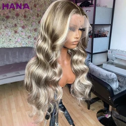 13x6 Lace Frontal Wig Gray Ash Blonde Wig Highlight Colored Pre-Plucked Human Hair Wig For Women Lace Closure  Stripe Style Wigs