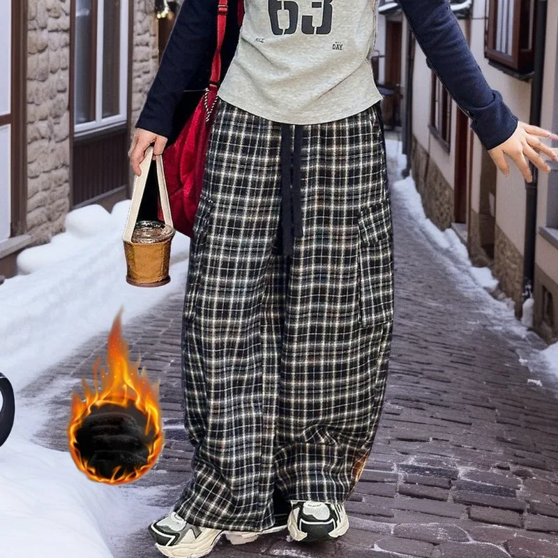 

Girls Winter Cargo Pants Fleece Lined Warm Trousers for Big Kids Stylish Casual Daily Thicken School Child Plaid Pants 12 year