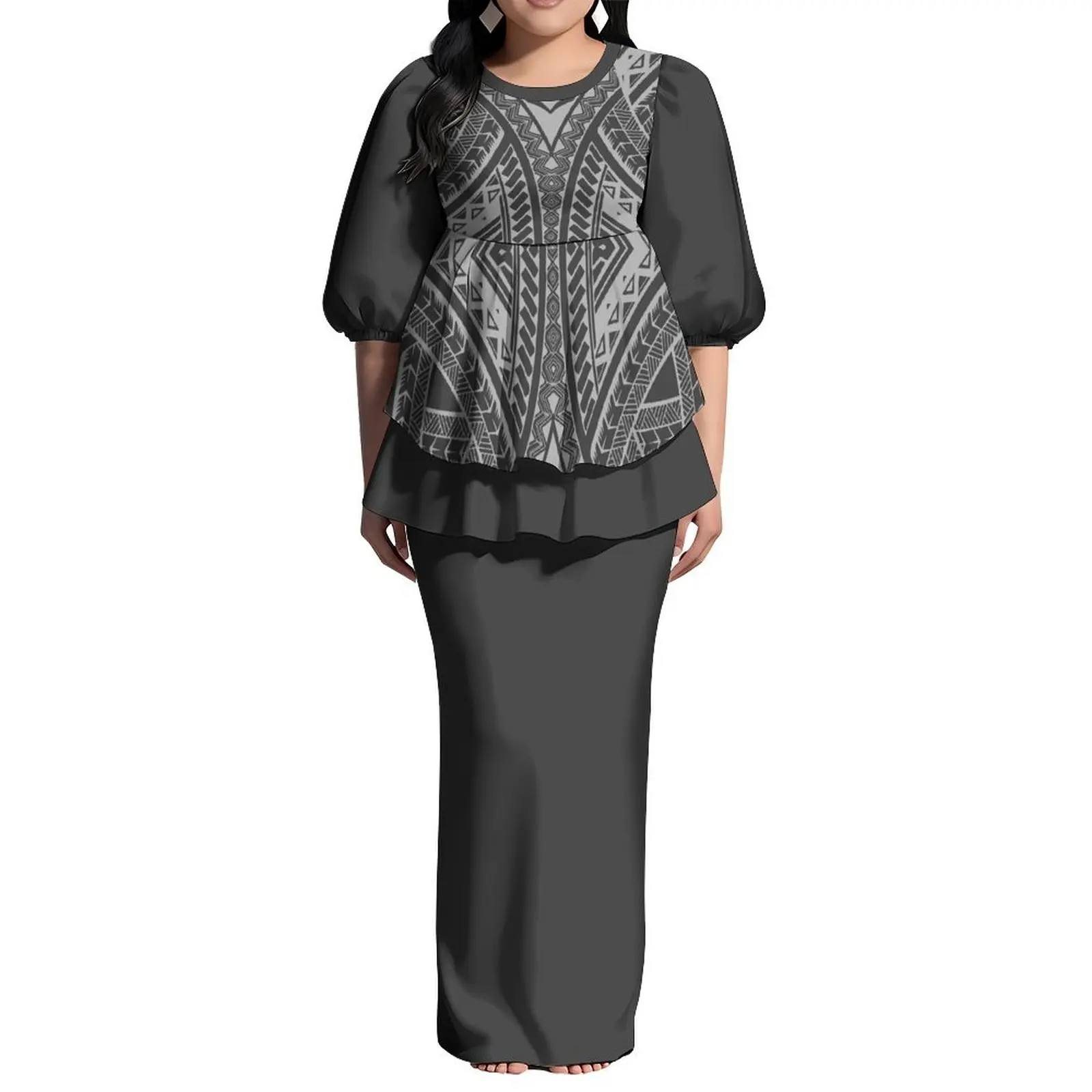 Pacific Island Art Design Custom Lady Back Slit Dress Samoa Puff Sleeve Round Neck Dress Polynesian Puletasi Frill Dress 2 Piece