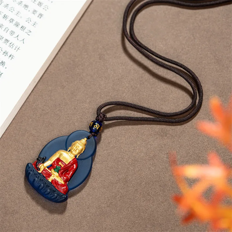 Glazed Medicine Buddha Pendant Painted Buddha Necklace for Health Blessing Ideal Gift for Elders Gifts