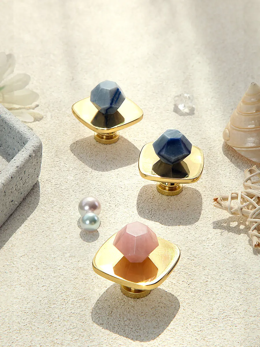 Nordic Style Geometric Square Brass Crystal Stone Small Cabinet Handle for Wardrobe Drawer Door Hardware