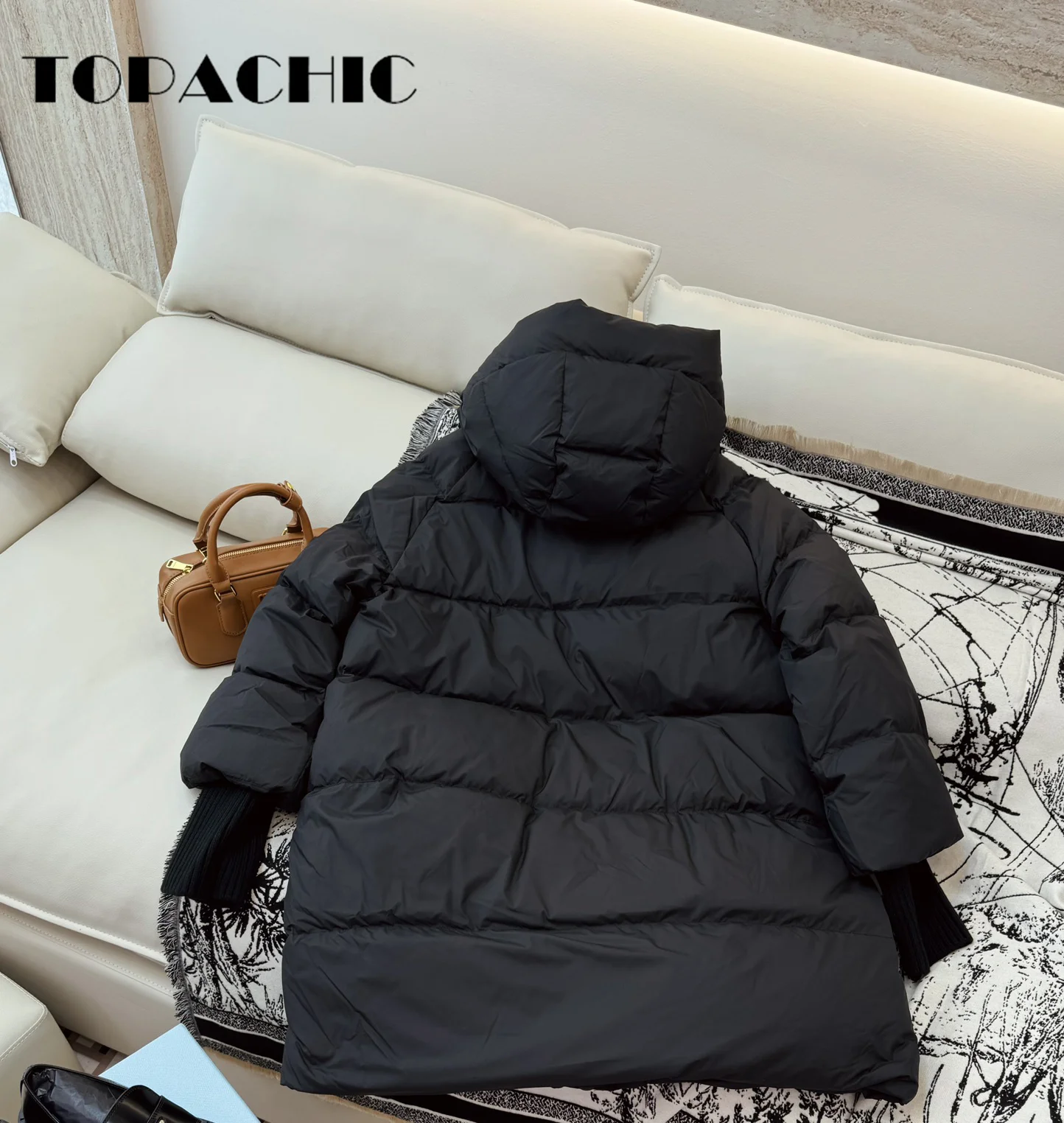 9.5 TOPACHIC-Women Winter New Hooded Zipper Mid-Length Down Jacket Ribbed Knit Cuff Spliced Long Sleeve Loose Down Outerwear