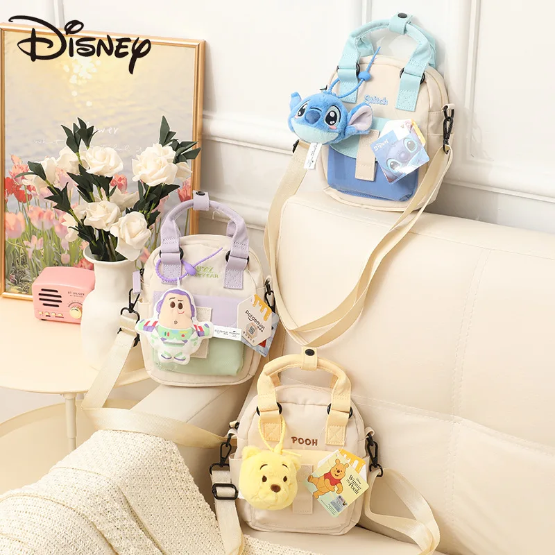 New Disney Canvas Shoulder Bag Pooh Bear Buzz Lightyear Dual-purpose Crossbody Bag Kawaii Plush Toy Pendant Gifts for Girls