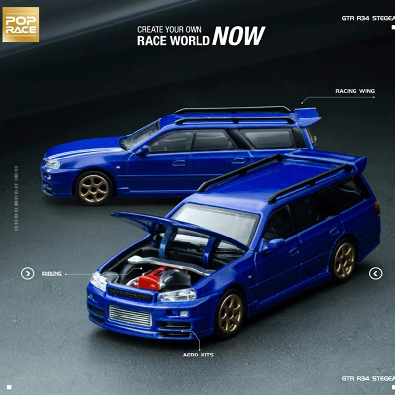 

POPRACE 1:64 Model Car GTR R34 Stagea Alloy Die-Cast Vehicle -Bayside Blue