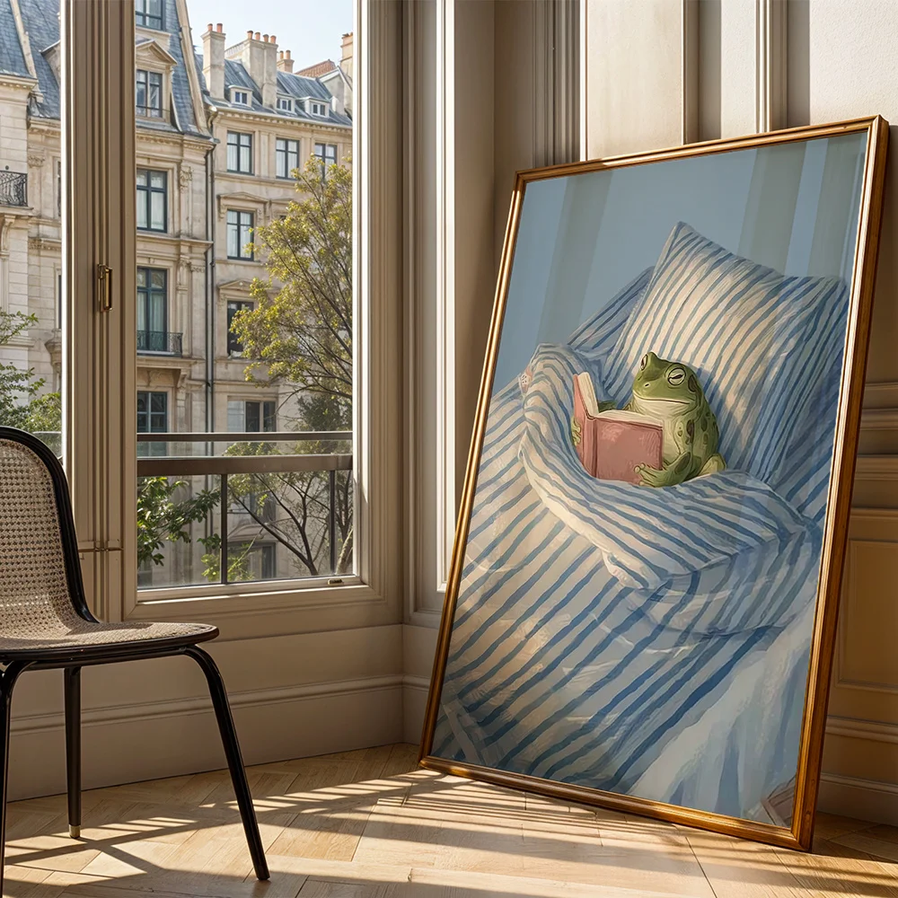 2D Plane Imaginative Wall Art Featuring Frogs Reading Books, Cute Animal Canvas Prints, Dreamy Wall Decoration Canvas Art Prints