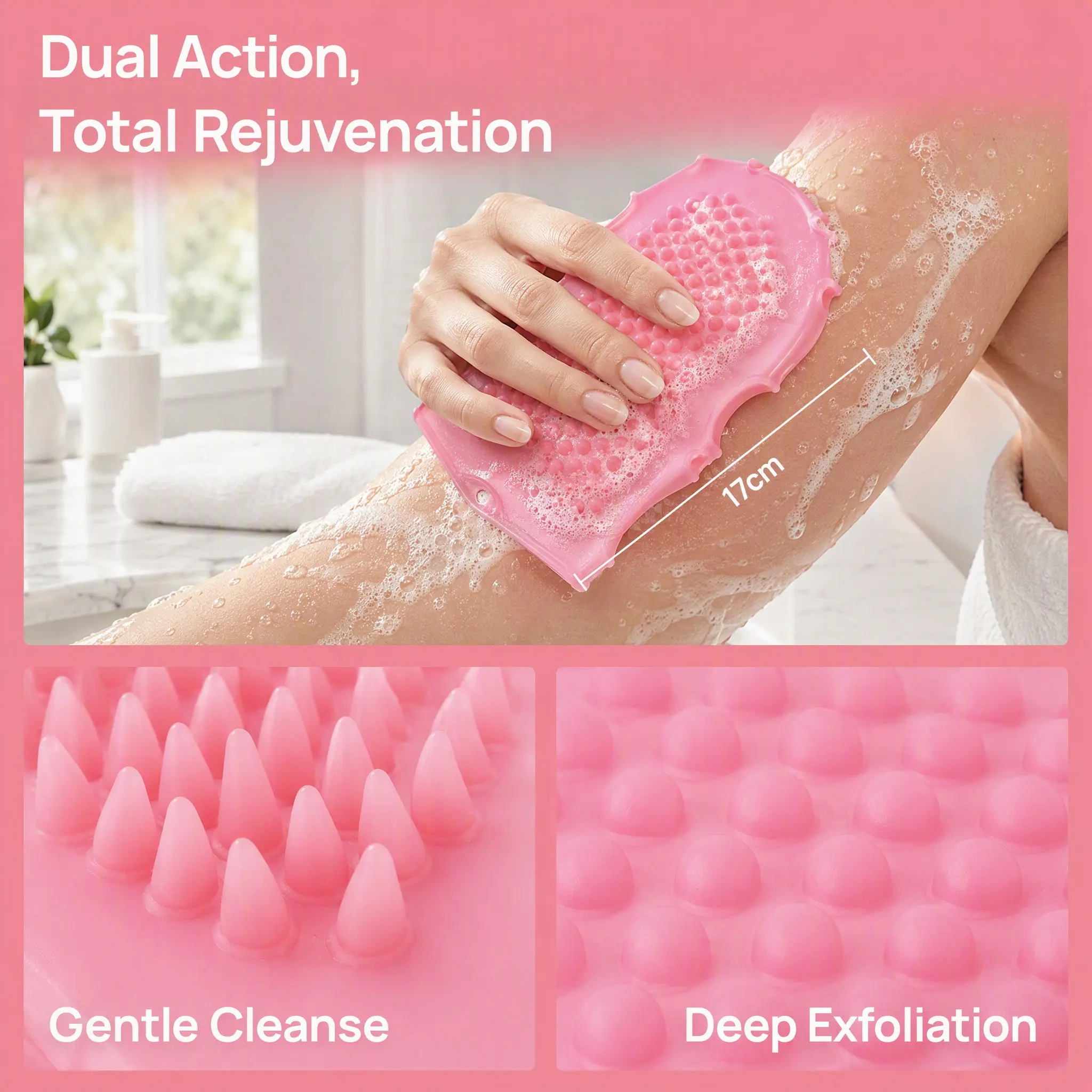Silicone Body Scrubber 2 in 1 Dual Surface Exfoliating Shower Brush Ergonomic Grip Finger Insert Design Fast Foaming Dense