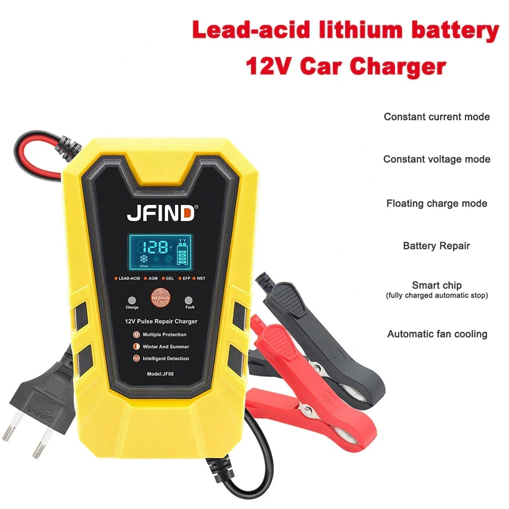 Jfind 12V Pulse Repair 6A Lead-acid lithium Car Battery Charger LCD Display battery tester Fast Charge For Car/Motorcycle