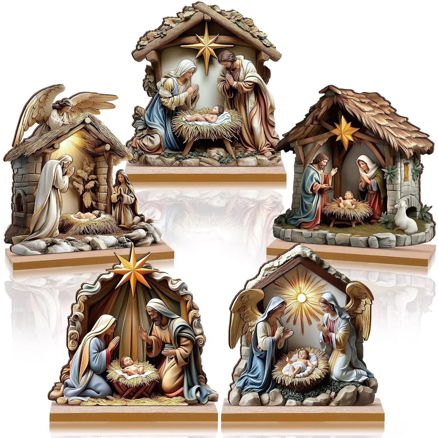 5 Pcs Christmas Nativity Scene Table Decor Wooden Religious Block Signs Tiered Tray Centerpiece Home Kitchen Shelf Decoration