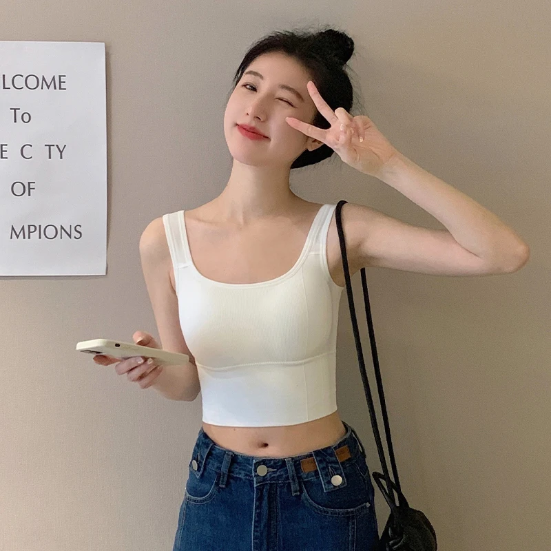 

Women's Sexy Ribbed Knit Tube Top - Solid Color Built-in Cup Stretchy Cami Tank Casual Daily Wear Street Style