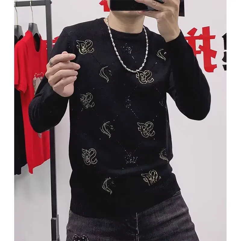 

BORUNKE Pullover sweater New Rhinestones High Quality drop shipping Men's Casual Harajuku Basic Sports Men's Pullover