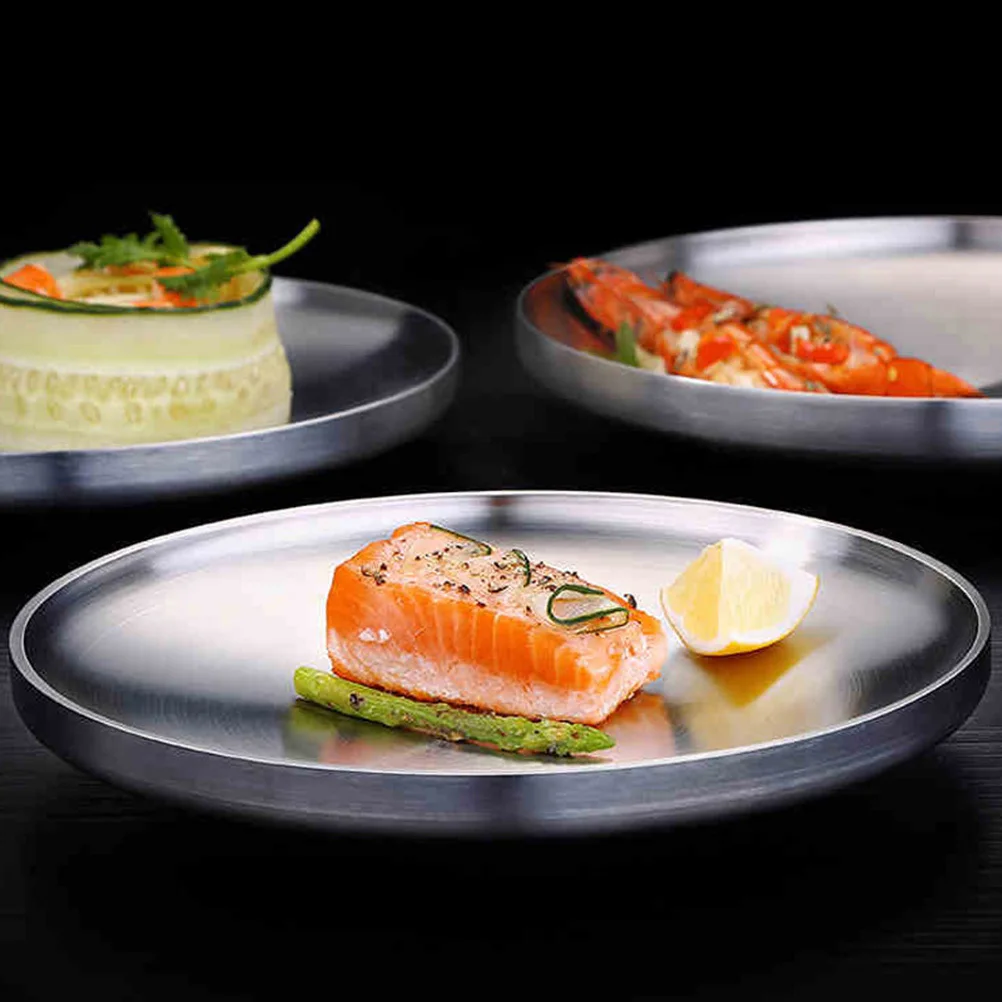 

304 Stainless Steel Double-Wall Round Dish Shallow Plate Lightweight Heat Insulated Non-Slip Bottom for Serving Food Fruit