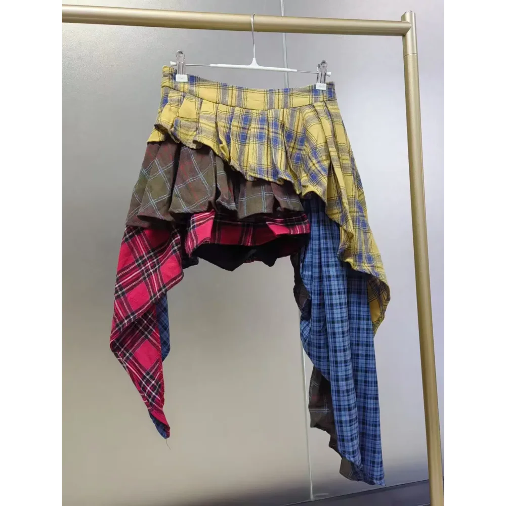 

Plaid Patchwork Irregular Skirts Women Fashion Cotton High Waist Pants Skirt Women's Streetwear Y2K Skirt