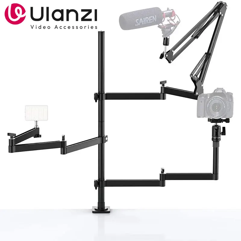 ULANZI Multifunction Live Broadcast Boom Arm Stand Microphone Arm Stand Flexible Desk Mount Camera Clamp Webcam Bracket