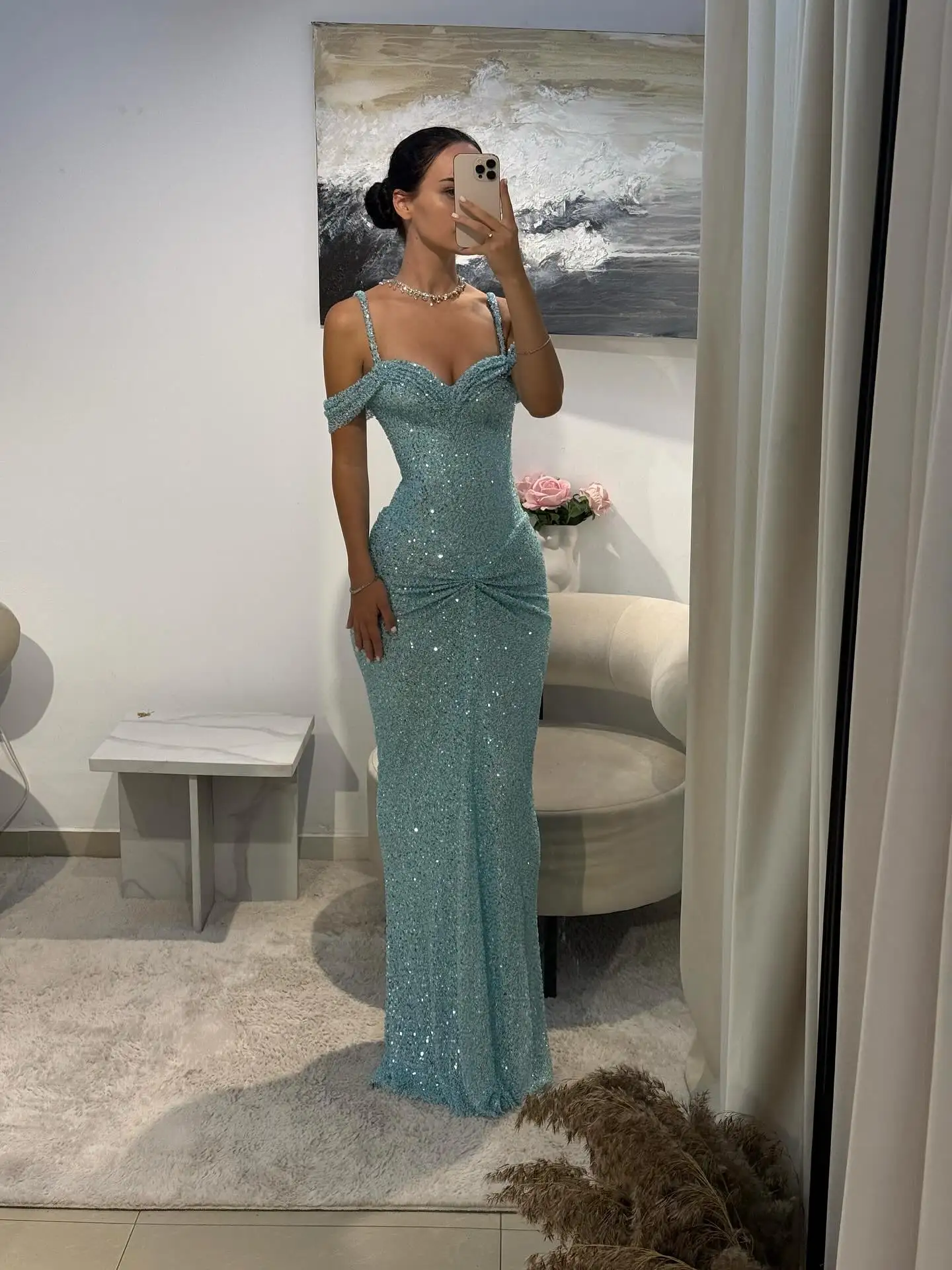 SWEMILE Blaue Pailletten Abendkleider Weg Von Der Schulter Dünnen Riemen Sling Mantel Meerjungfrau Kleid Bodenlangen vestidos de fiesta