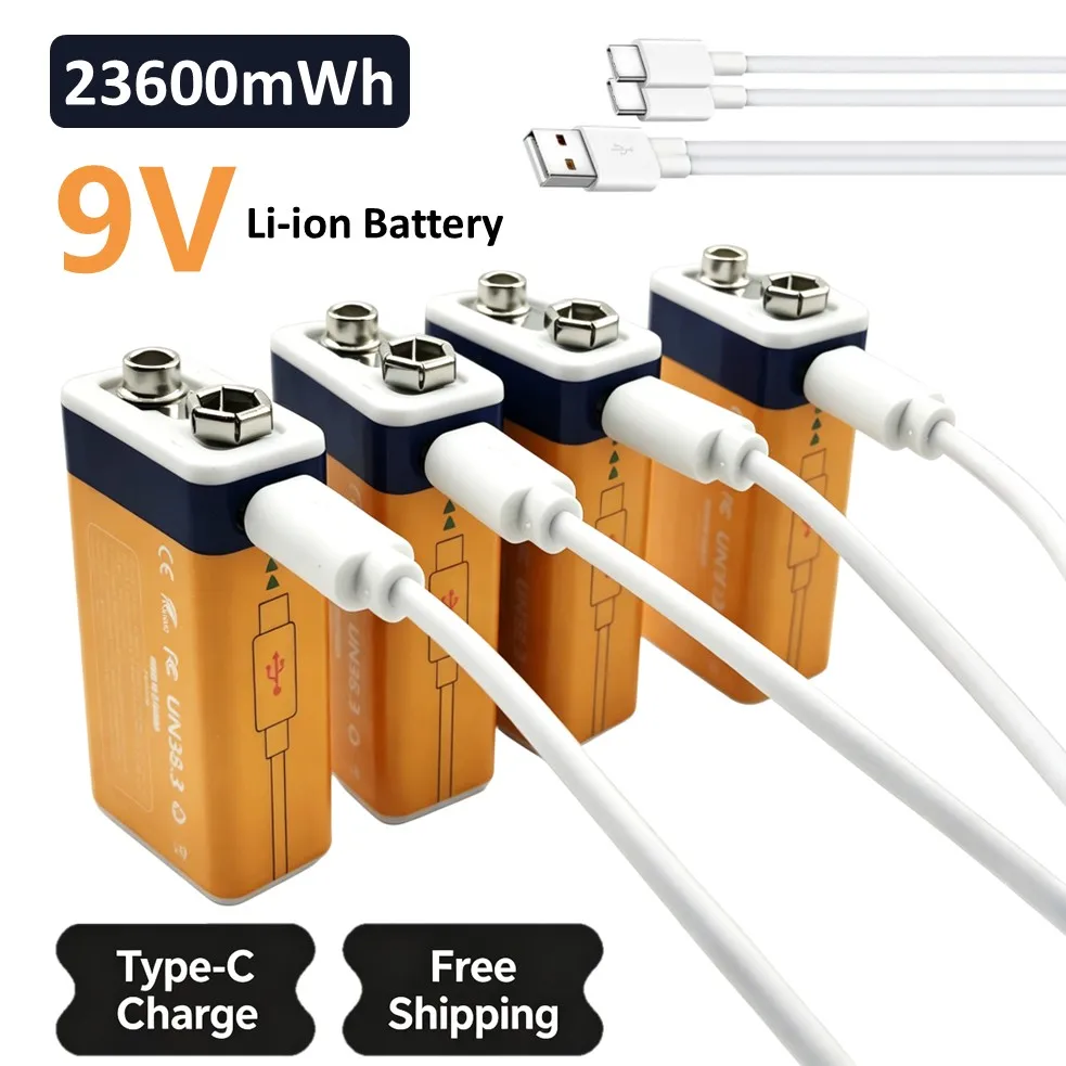 23600mWh Rechargeable 9V Battery, USB C Charge Li-ion 9V Battery with Charging Cable, 1200+ Cycle, 9V Batteries for Home&Office