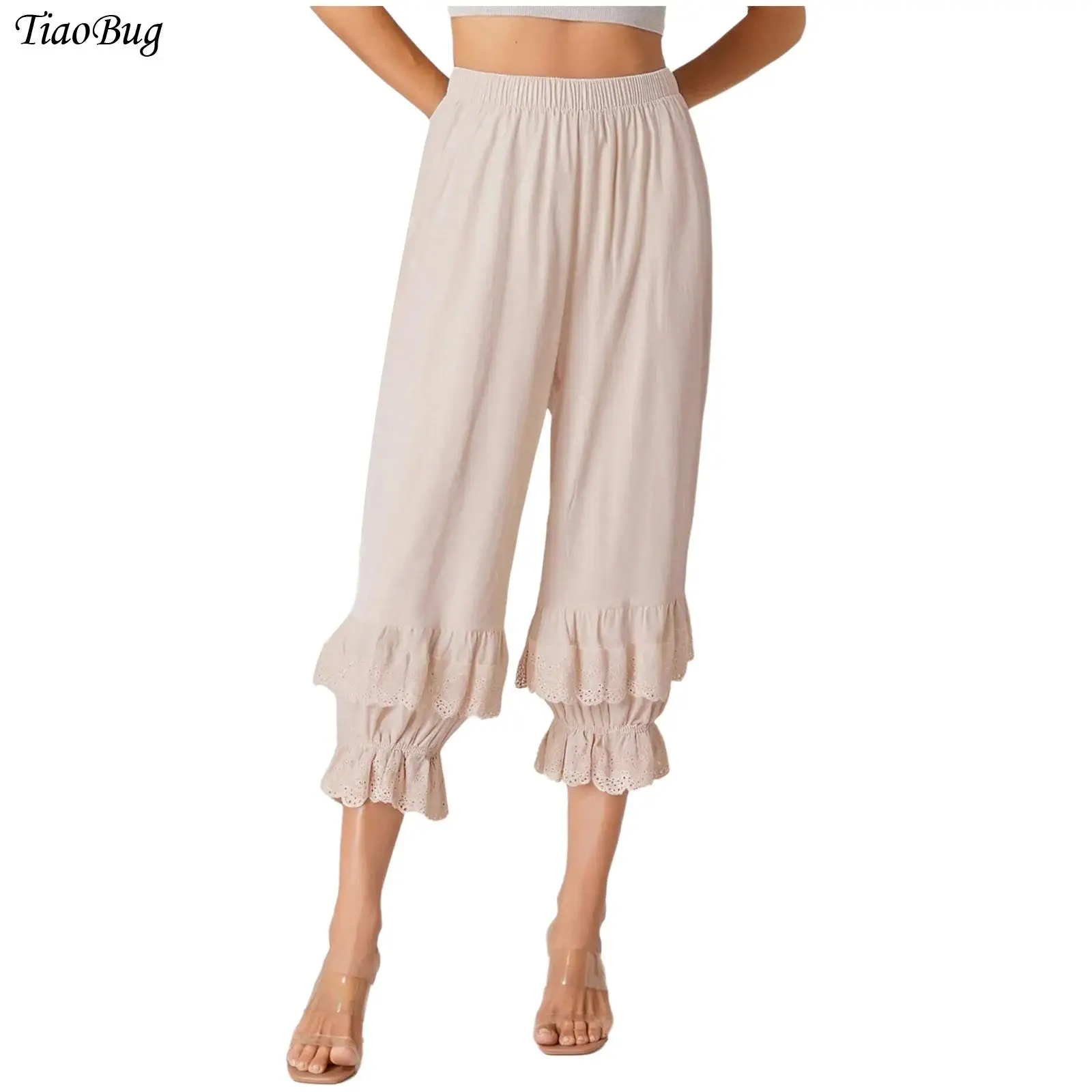 

Womens Bohemian Loose Pants Cotton Pajamas Ruffled Lace Splice Elastic Waist Lantern Trousers Pastoral Style Pants Daily Wear