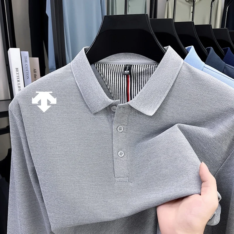 

Новая однотонная мужская рубашка-поло с длинным рукавом: дышащая, охлаждающая, высококачественная, весенняя, с отложным воротником, для делового и повседневного стиля. Мужская одежда.
