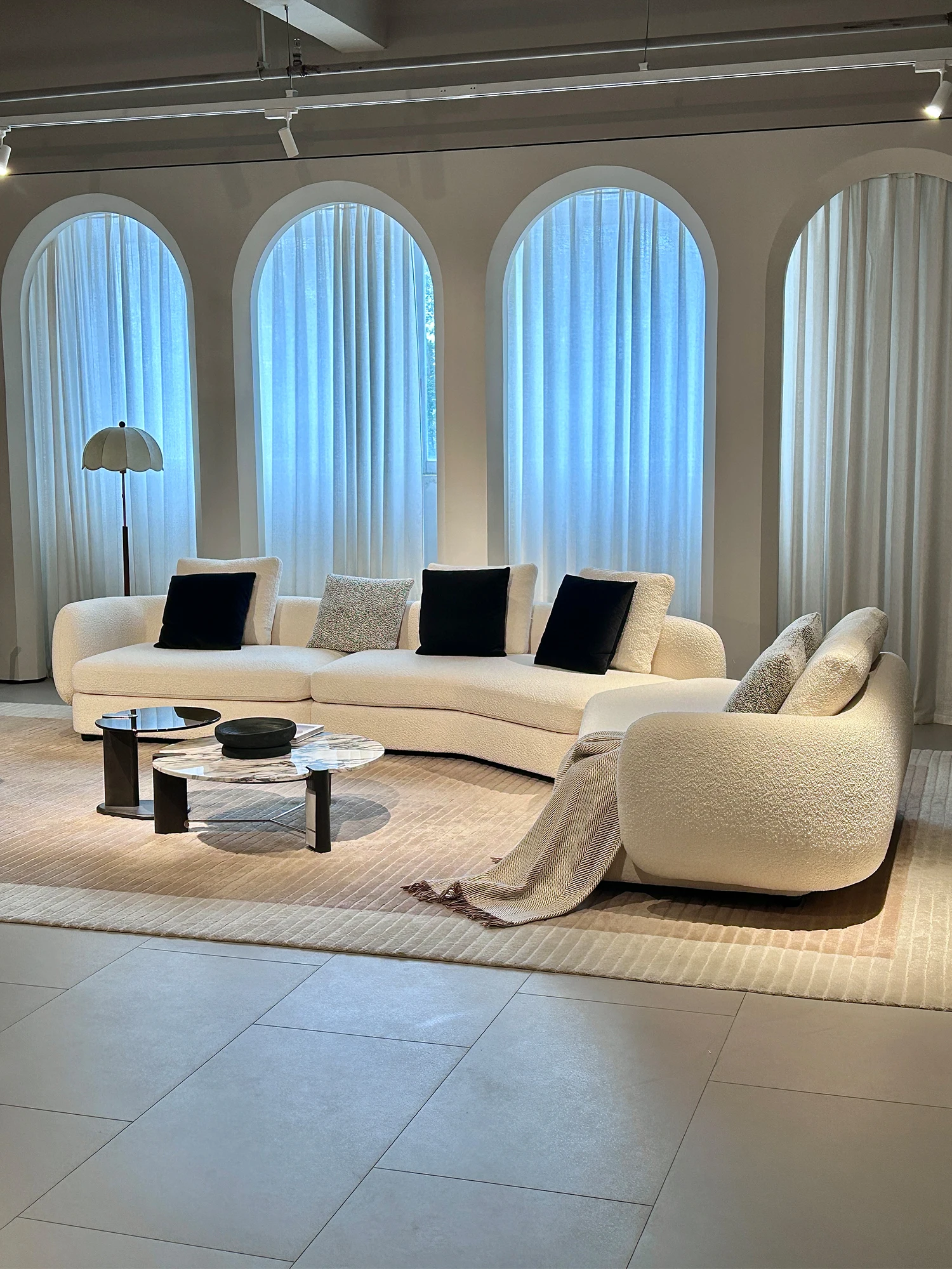 White Boucle Curved Corner Sofa Round Outer Armrest Pillow Backrest Scatter Pillows Deep Seat For Living Room Villa Bedroom Home